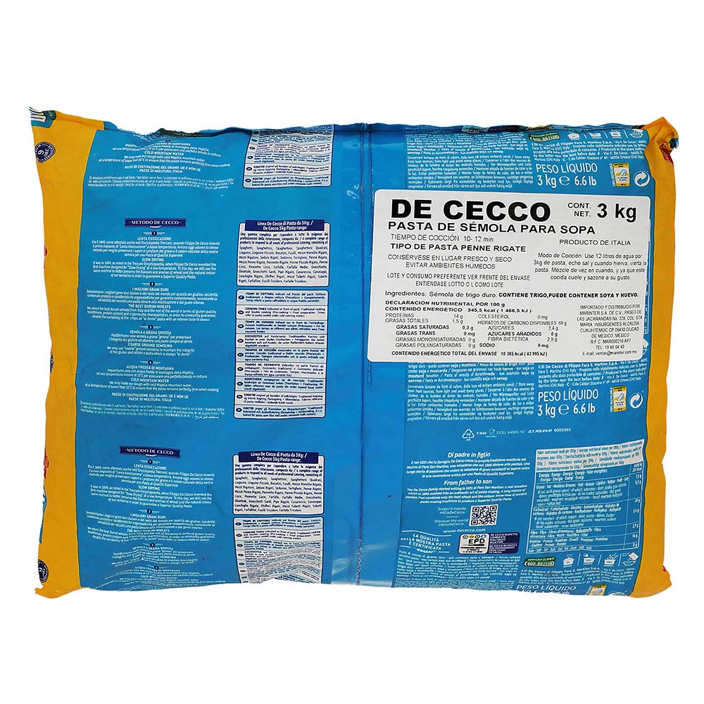 Pasta - De Cecco Penne Rigate De Sémola 3000 gr - Italia
