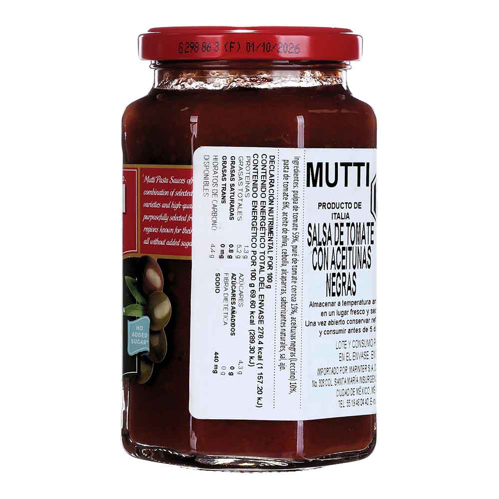 Salsa - Mutti de Tomate con Aceituna de 400 g - Italia