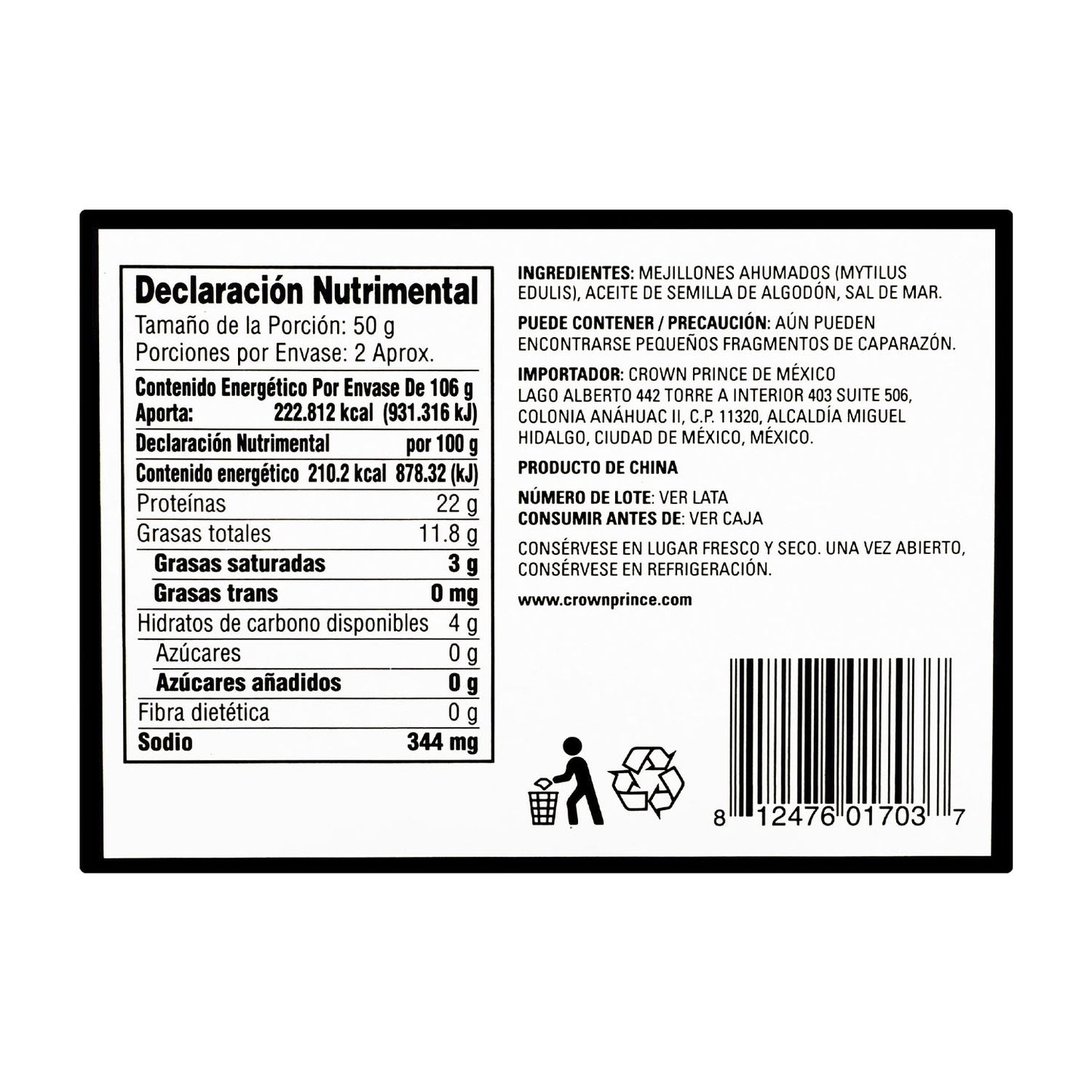 Crown Prince - Mejillones Ahumados Aceite de algodón 106 gr - Estados Unidos