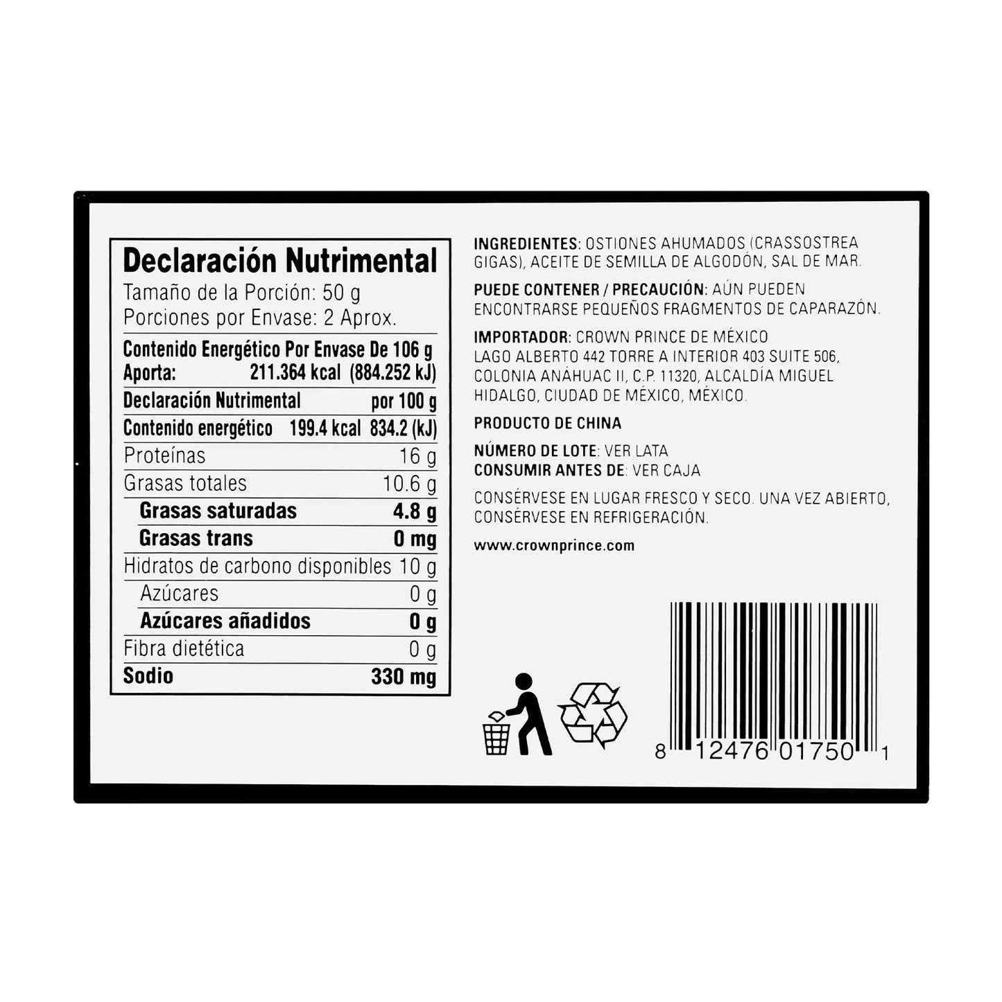 Crown Prince - Ostiones Ahumados en Aceite Algodón  106gr - Estados Unidos