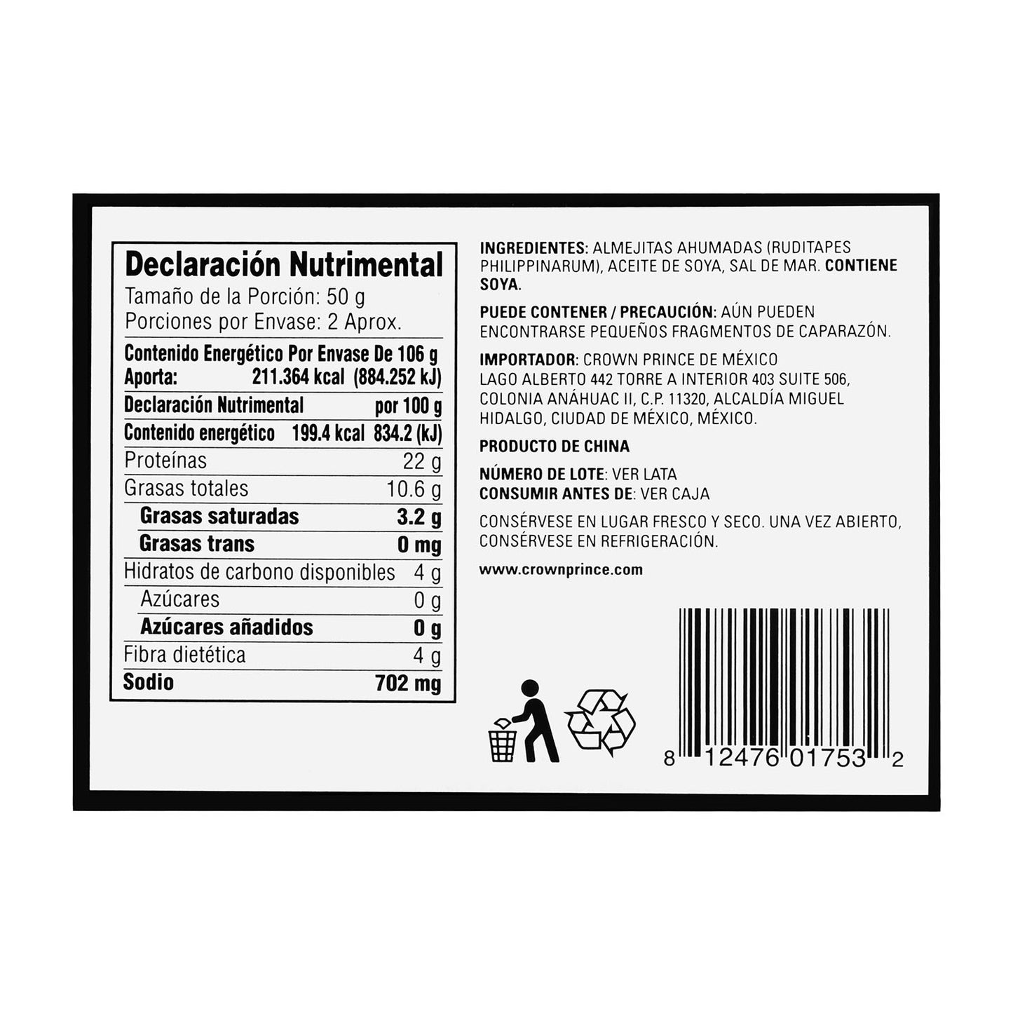 Crown Prince - Almejitas Ahumadas en Aceite de Soya 106 gr - Estados Unidos