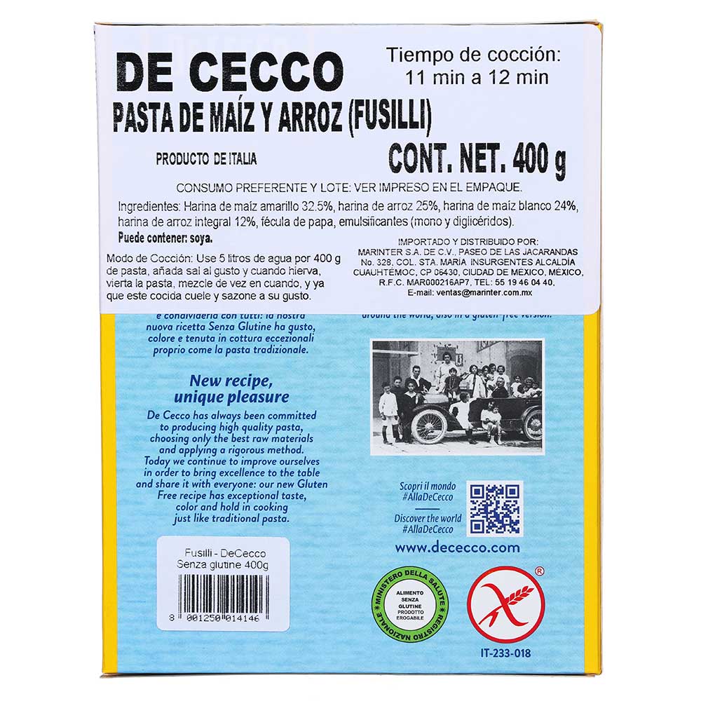 Pasta De Cecco Sin Gluten Fusilli de 400g - Italia