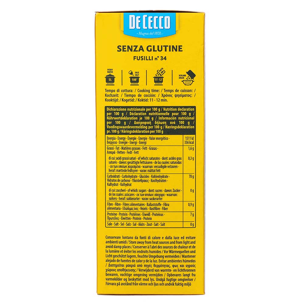 Pasta De Cecco Sin Gluten Fusilli de 400g - Italia