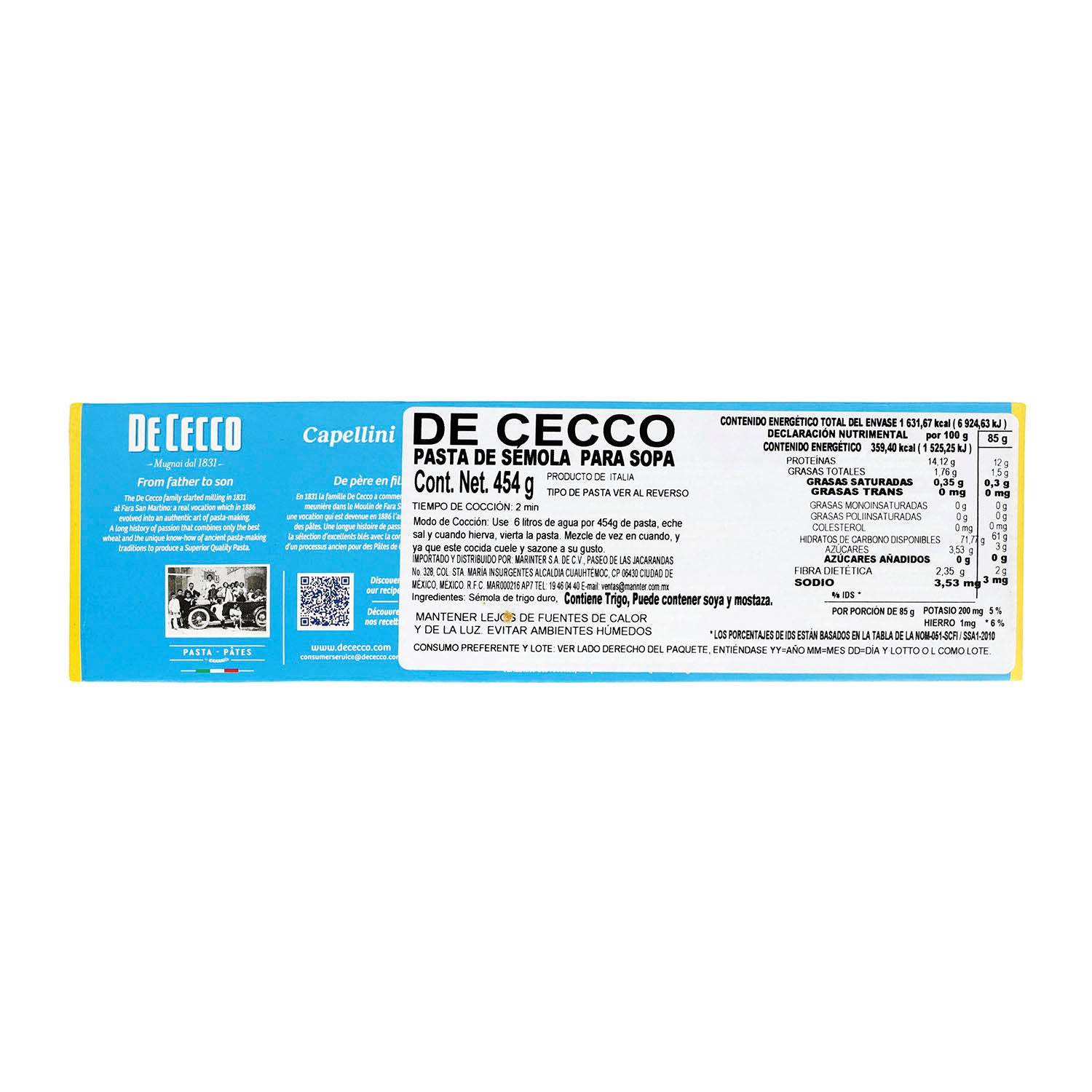 De Cecco - Pasta Capellini de Sémola - 454g - Italia