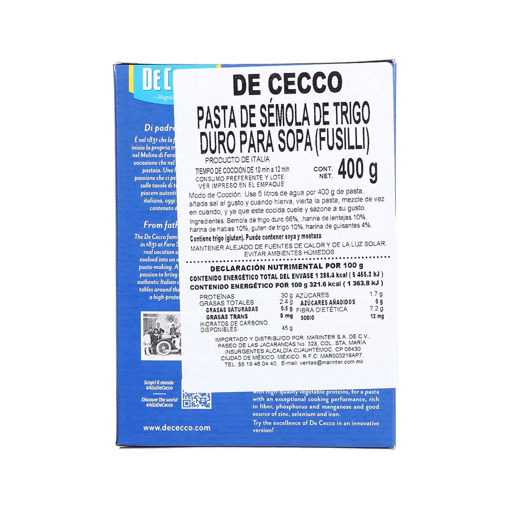 Pasta De Cecco Alta Proteina Fusilli de 400g - Italia