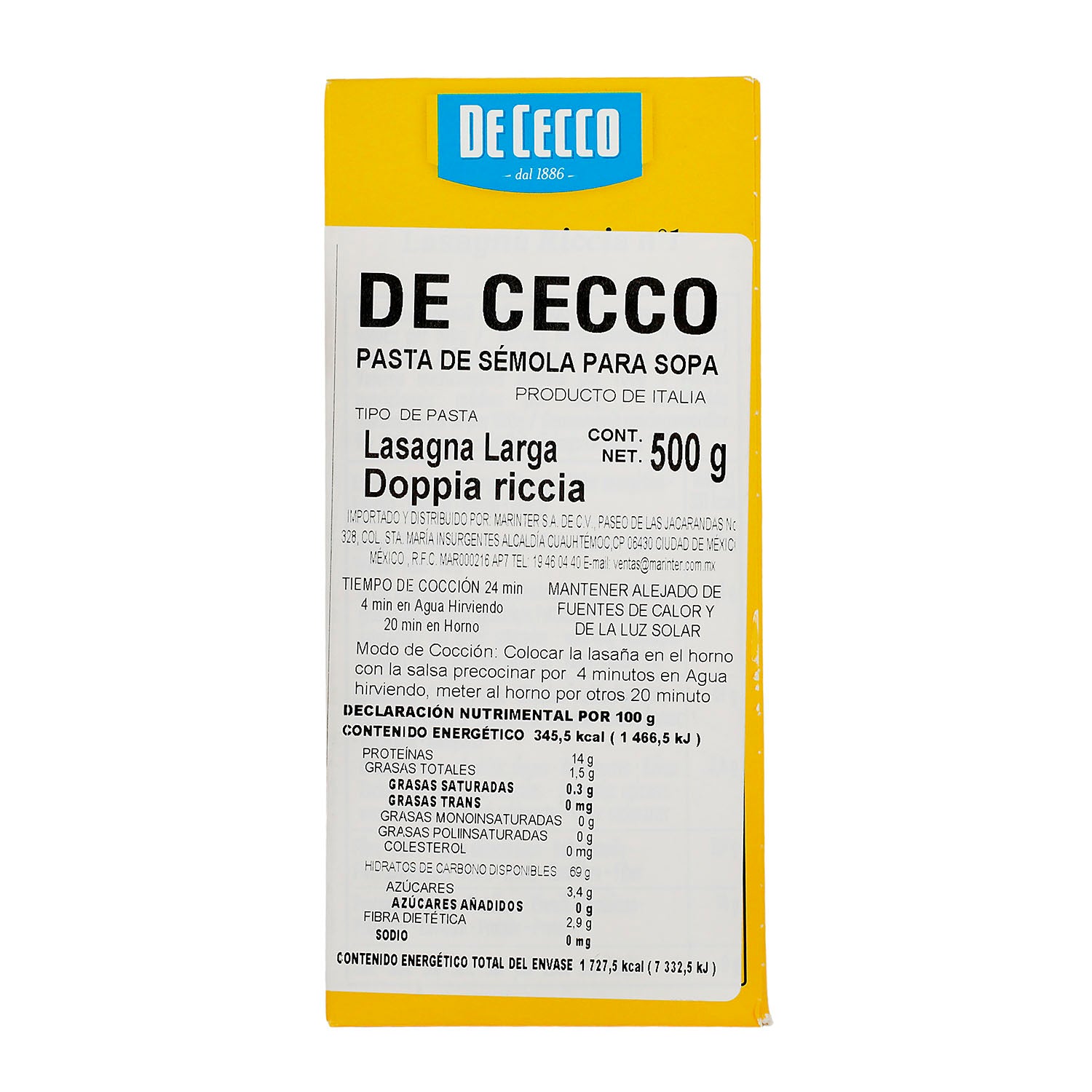 Pasta - De Cecco Lasagna Larga dopiia ricci de Sémola -  500 gr - Italia