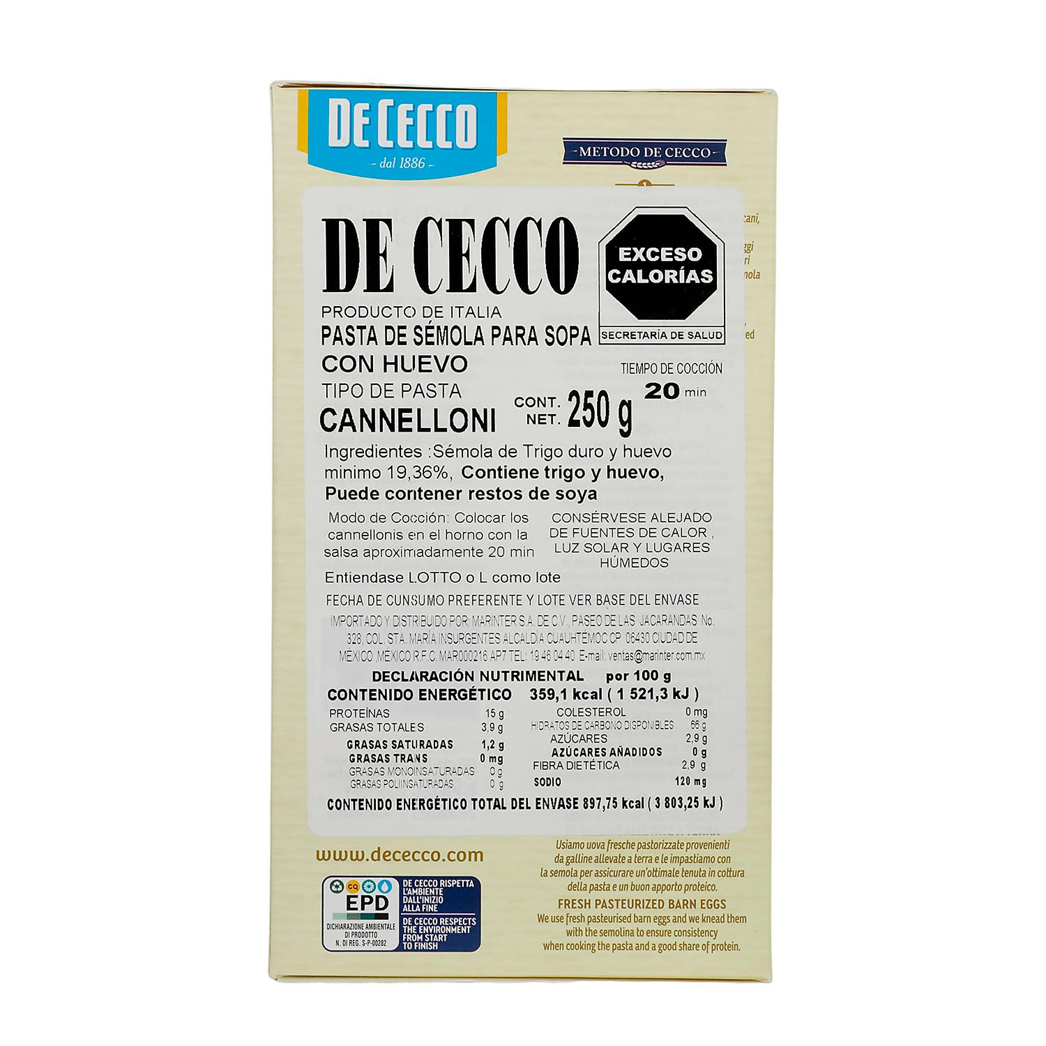 Pasta - De Cecco Canelloni Con Huevo - 250 gr - Italia