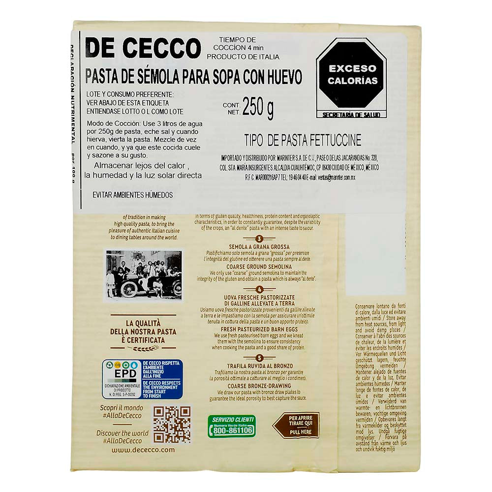 Pasta - De Cecco Fettuccine Con Huevo 250 gr - Italia