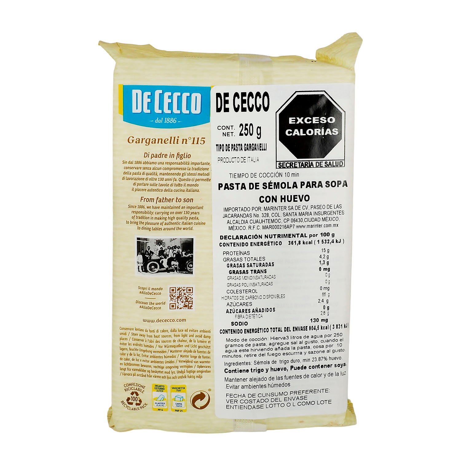 Pasta De Cecco Garganelli Con Huevo de 250 g - Italia