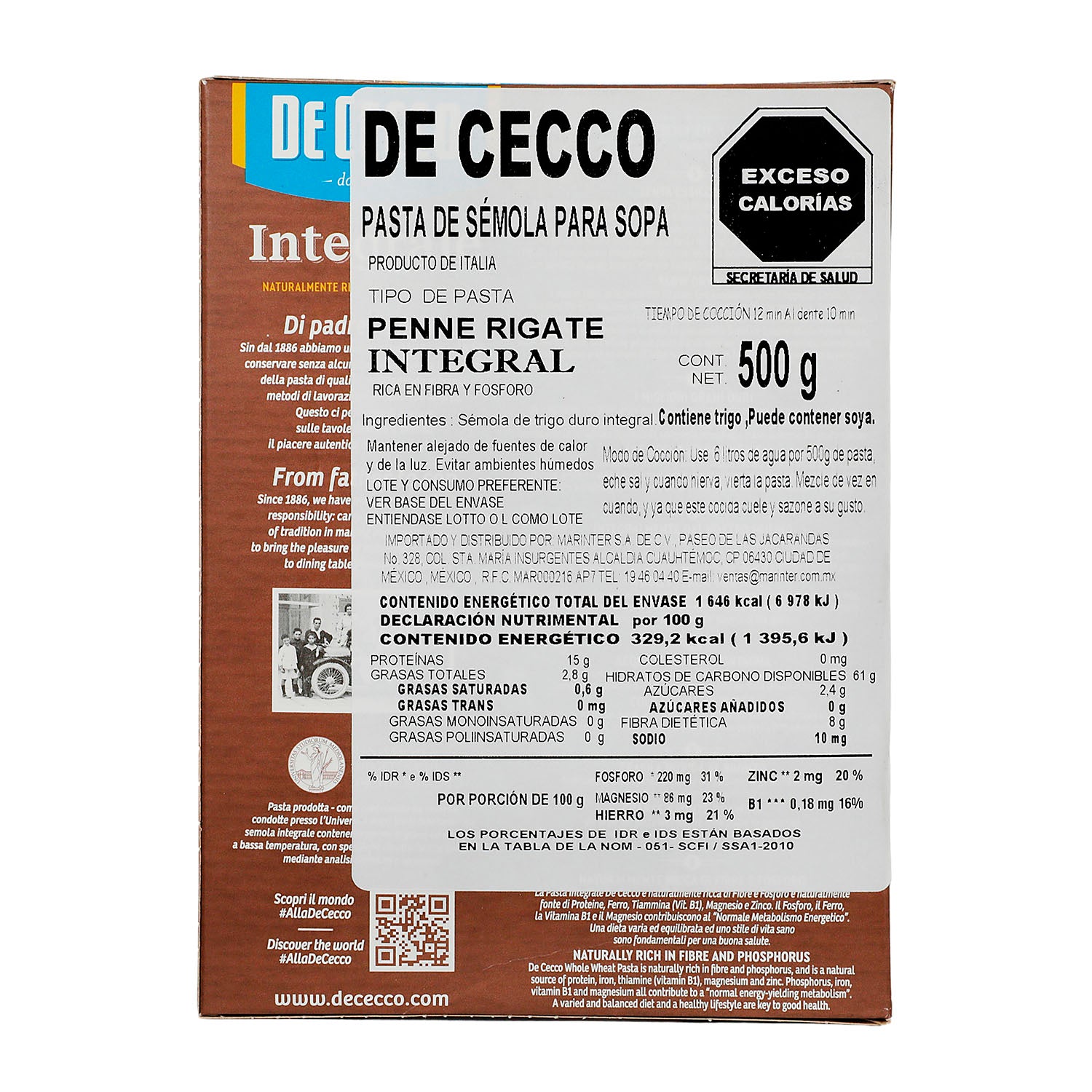 Pasta - De Cecco Penne Rigate Integral de 500 gr - Italia