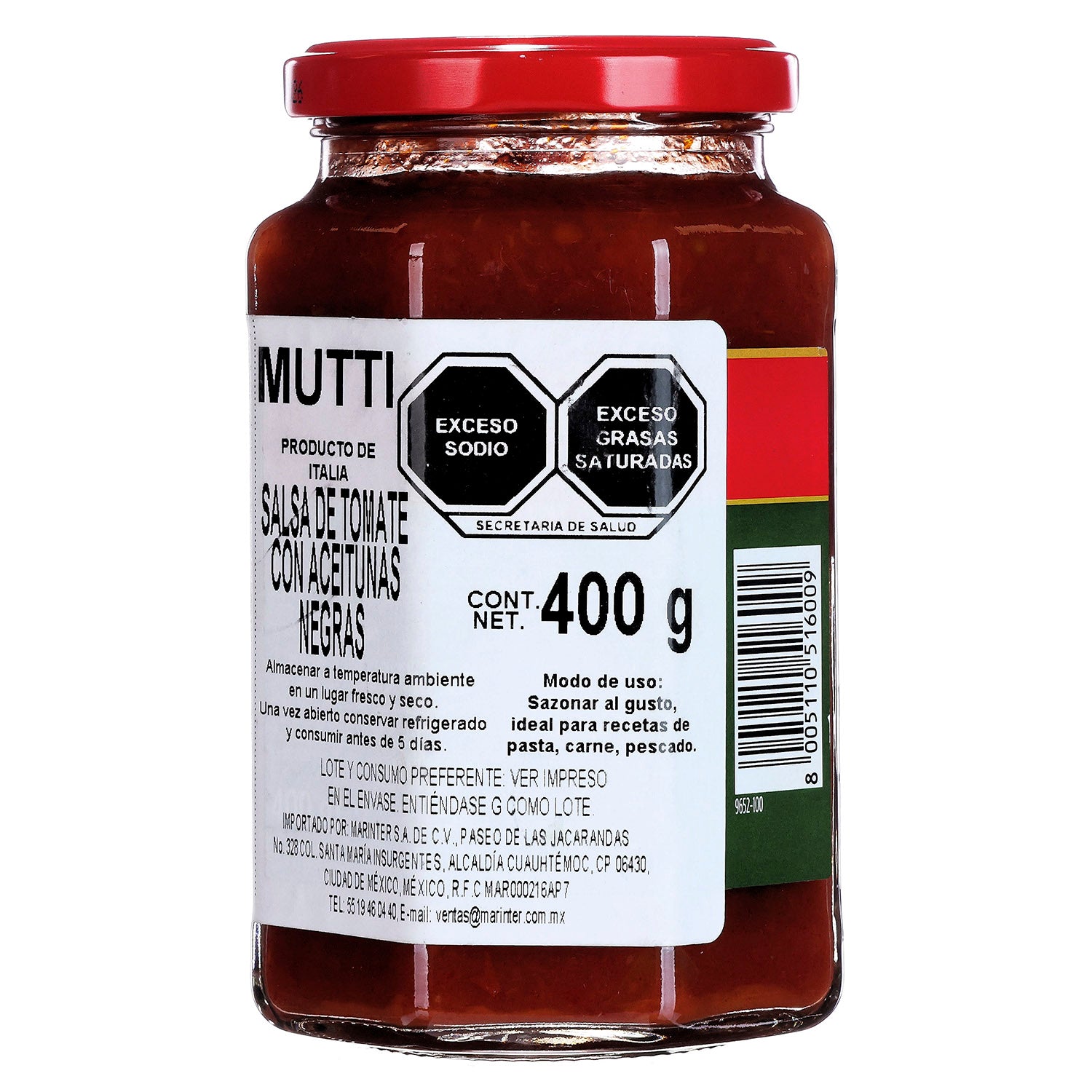 Salsa - Mutti de Tomate con Aceituna de 400 g - Italia