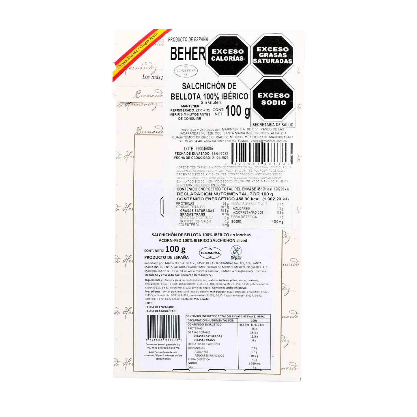 Sobre de Salchichón 100% Ibérico BEHER de 100g - España