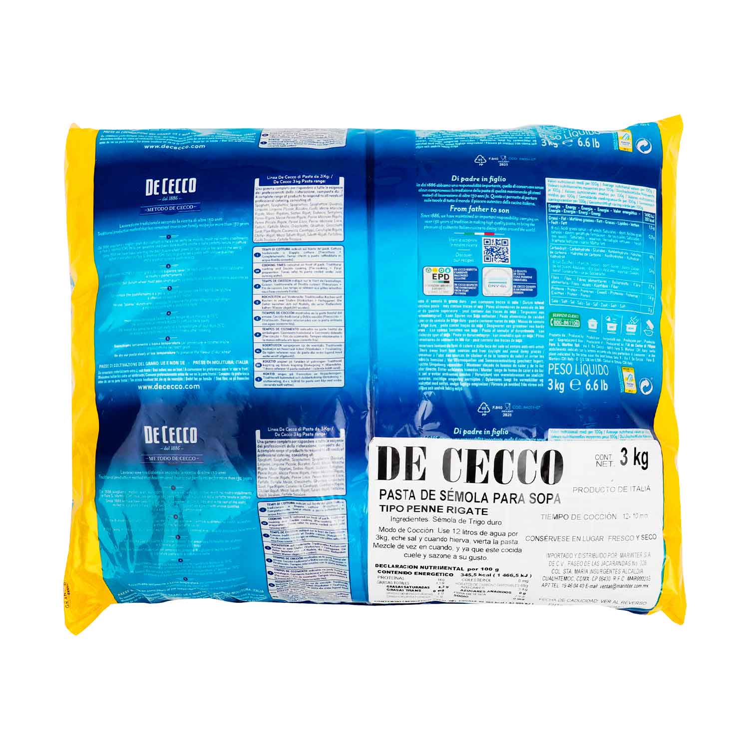 Pasta - De Cecco Penne Rigate De Sémola 3000 gr - Italia