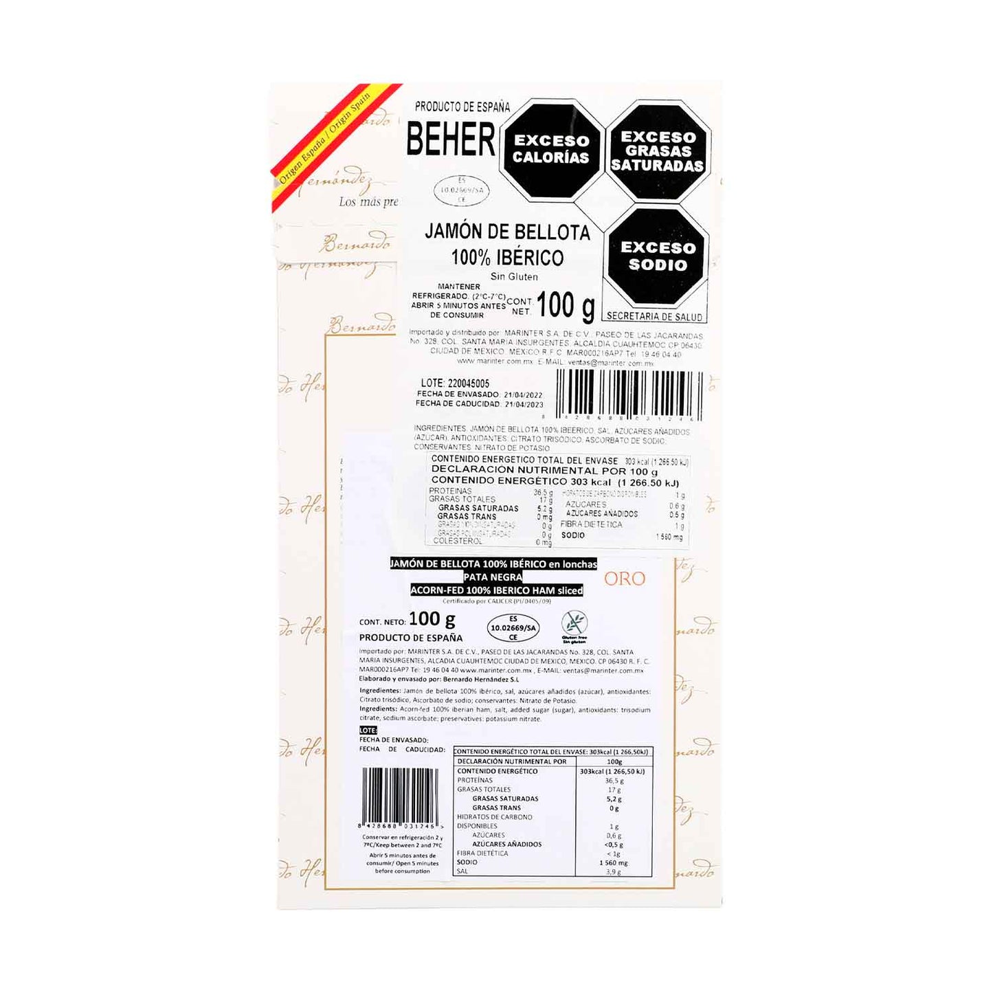 Sobre de Jamón de Bellota 100% Ibérico BEHER de 100g - España