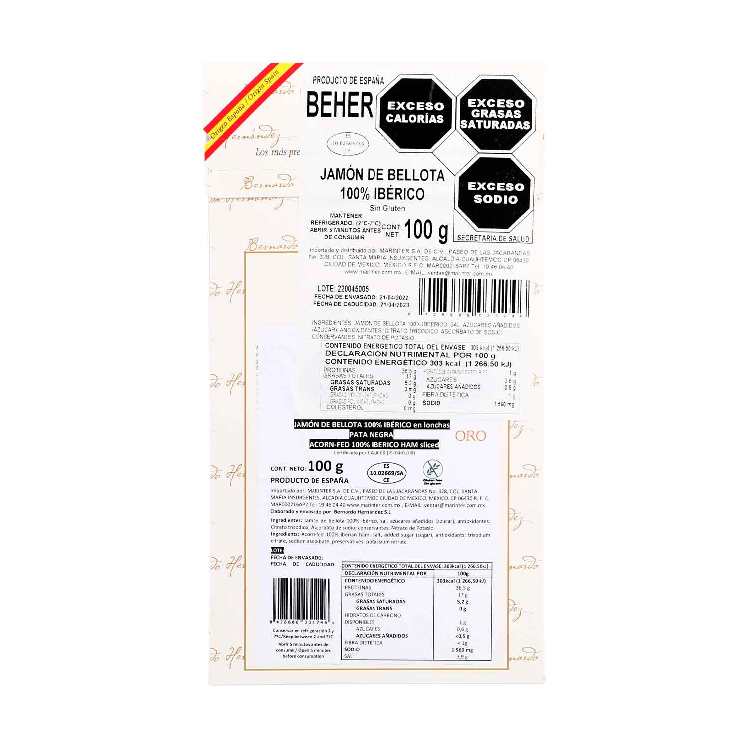Sobre de Jamón de Bellota 100% Ibérico BEHER de 100g - España
